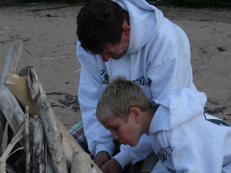 My youngest Graham and  me building a fire on the beach of Bear Island. We had the place all to ourselves!